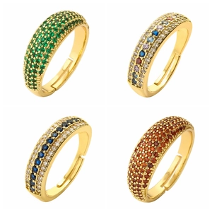 Colorful Zirconia Micro Pave Copper Ring Open Adjustable Wide Band Geometric Jewelry For Women