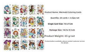 Detailed view of 20-piece mermaid coloring card set with dimensions and ring clips