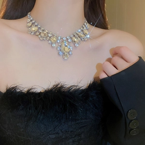 Close-up of sparkling silver teardrop crystal necklace with fringe tassel on a model