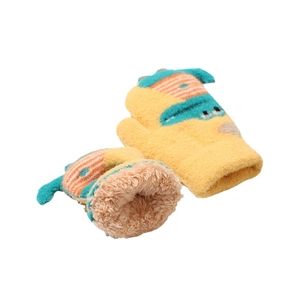 Warm yellow kids mittens with blue crocodile design and thick plush lining