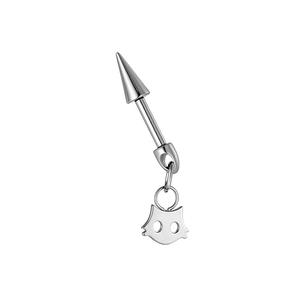 Minimalist silver titanium cat-shaped stud earring with a sharp spike dangle on white background