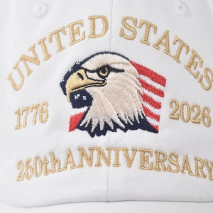 White cotton baseball cap with 3D eagle embroidery and 250th anniversary USA flag design