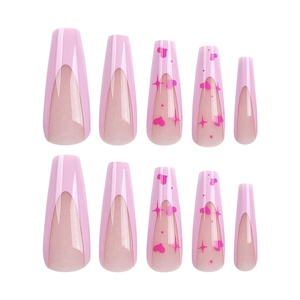 French pink press-on nails with heart and star patterns in long coffin ballerina shape