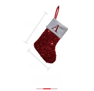 Mini red sequin Christmas stocking with letter A embroidery, 20cm x 15cm dimensions