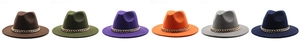 Flat top fedora hats in six colors with decorative thick gold chain detail