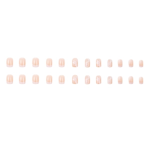 24-piece short square French manicure nails with pink base and white camellia floral art