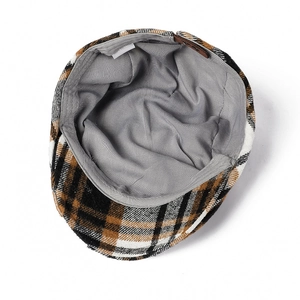 Classic checkered cotton beret featuring a vintage brown and black plaid pattern
