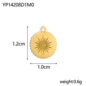 Detailed view of gold sunburst pendant showing 1.2cm height and 0.6g weight metrics