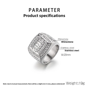 Detail showing a 20mm wide gold plated KING ring with rhinestones and 19g weight specs