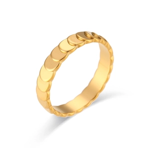 Minimalist 18K gold plated stainless steel ring with scale texture design on white background