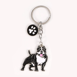 Cute black and white bulldog enamel keychain with heart paw charm and silver metal ring