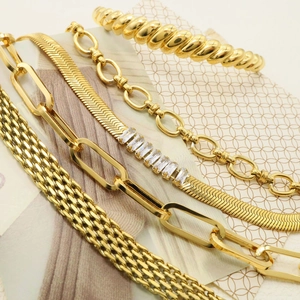 Luxury gold-plated stainless steel layered bracelets with snake chain and zircon accents