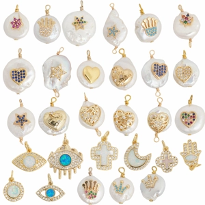 Artificial Baroque Pearl Pendants Copper Inlaid Zircon Opal Heart Star Moon Evil Eye Cross Hamsa DIY Jewelry Charms For Women