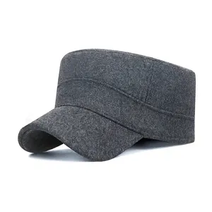 Men Cadet Cap Wool Blend Flat Top Hat Fleece Lined Winter Warm Windproof Adjustable Solid Color Casual Military Style