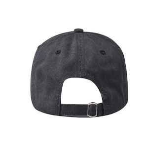 Detail of the washed cotton baseball cap featuring an adjustable metal buckle on the back