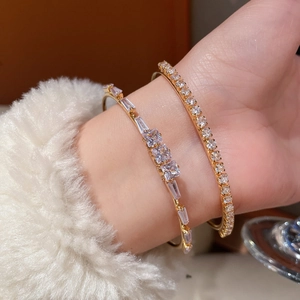 Geometric Cubic Zirconia Open Bangle Bracelet Copper Gold Plated Baguette Square Zircon Sparkling Luxury Jewelry For Women
