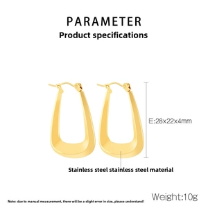 Detail view of gold U-shaped thick hoop earrings with 28x22mm size and weight specs
