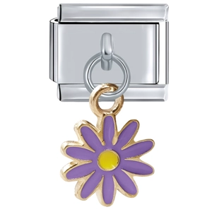 Detail of purple enamel daisy charm on silver and gold stainless steel link bracelet