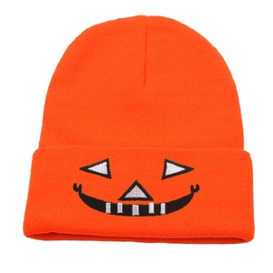 Orange knitted beanie with Halloween pumpkin smile embroidery for men and women