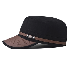 Men's black cotton cadet cap with brown leather brim and decorative metallic rivets