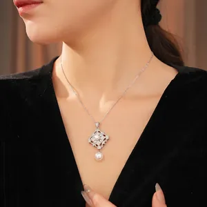 Vintage French Rhombus Flower Pendant Necklace Copper With Artificial Pearl And Zircon Clavicle Chain Elegant Women Jewelry