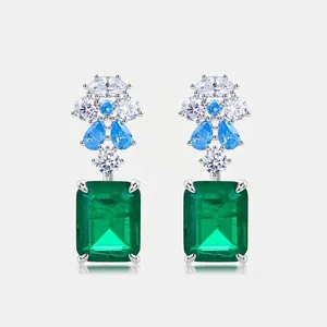 Vintage 925 Sterling Silver Synthetic Emerald Drop Earrings For Women Geometric Zirconia Inlaid Luxury Jewelry Accessories