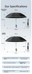 Size chart showing dimensions for large and compact automatic inverted umbrellas