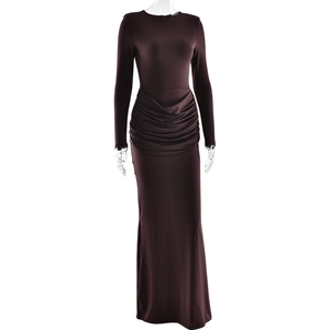 Detailed view of ruched waist design on a brown long sleeve slimming fishtail dress