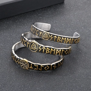 Vintage Viking Odin rune bangles with Valknut knot in gold and black stainless steel