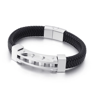 Men's braided leather bracelet with silver stainless steel industrial mechanical link