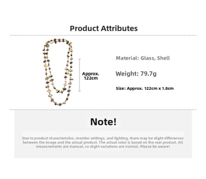 Detail view of double-layer glass bead and shell necklace with dimensions and weight