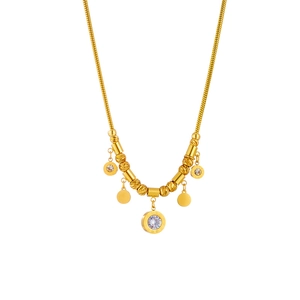 Elegant gold titanium steel necklace featuring a round disc pendant with sparkling zircon