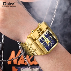 Oulm oversized gold square quartz watch with deep blue dial on tattooed male wrist