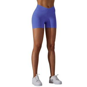 Pantaloncini yoga a costine senza cuciture blu navy con vita a V incrociata e effetto push-up