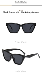 Detail of vintage cat-eye sunglasses with thick black frames and dark grey lenses