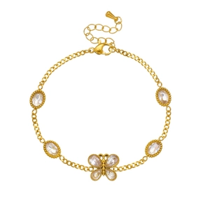 Gold plated stainless steel bracelet featuring butterfly and oval cubic zirconia charms