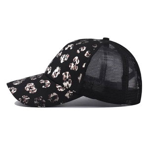Women's leopard print ponytail baseball cap with breathable black mesh back view