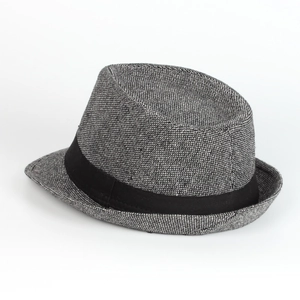 Detail of the gray textured jazz hat with a classic black ribbon on a white background
