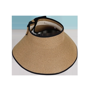 Women's summer beige open-top straw sun hat with wide brim and black ribbon trim