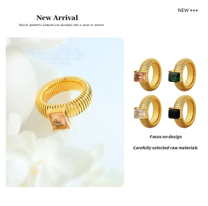 Detail view of gold-plated ribbed rings featuring rectangular crystal stones in four colors