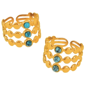 Bohemian gold plated stainless steel open ring with triple turquoise stones in a retro style