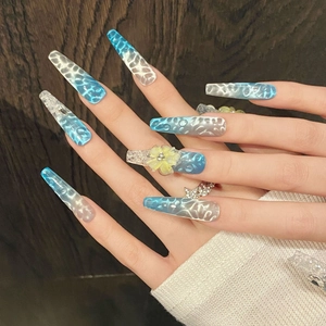 Blue ocean wave gradient coffin press-on nails with 3D water droplets and floral accents