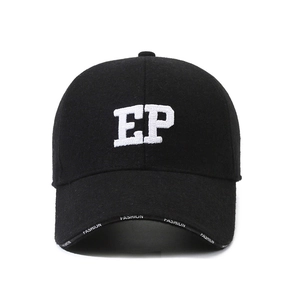 Front view of black wool baseball cap with white EP embroidery and fashion trim