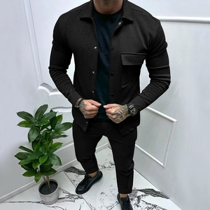 Men Twill Jacquard Knit Polyester Long Sleeve Lapel Shirt Jacket And Drawstring Pockets Trousers Casual Urban Fashion