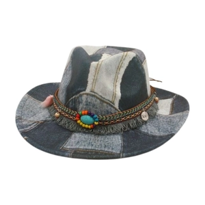 Bohemian Denim Patchwork Fedora Hat With Turquoise Tassels Ethnic Cowboy Style Wide Brim Jazz Sun Hat For Women
