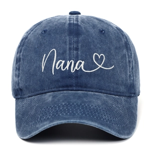 Vintage blue washed denim baseball cap with Nana heart embroidery and distressed finish