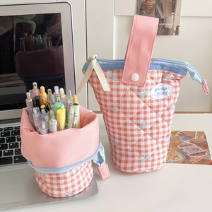 Pink plaid quilted pencil case set with blue bow embroidery and portable handle