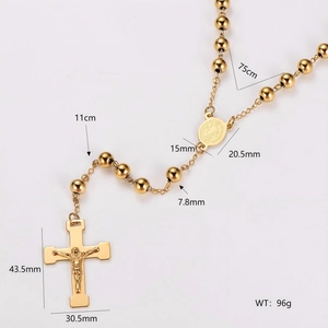 Golden 7.8mm bead rosary necklace with crucifix and 75cm chain dimension specifications
