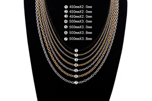 Size chart showing seven chain types in 450mm to 500mm lengths and 2.0mm to 3.8mm widths