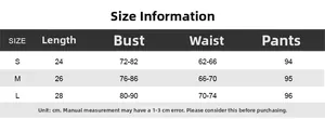 Size chart table for backless halter top and tight trousers two-piece outfit in centimeters